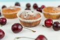 Macro ahot of muffins with cherry on white table