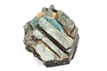 Macro aquamarine mineral stone in rock on white background