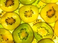 macro back lit abstract texture of yellow and green kiwi slices Royalty Free Stock Photo