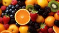 Macro background of colorful citrus and berries in a fresh fruit medley