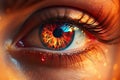 Macro of beautiful brown eye of a female person with burning glowing fire in iris Royalty Free Stock Photo