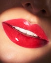 Macro Beautiful Red Lips Woman Beauty Photo With Hard Light White Teeth