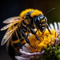 Macro of a bee collecting pollen from a daisy flower. generative ai Royalty Free Stock Photo