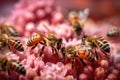 macro of bees collecting nectar from flowers