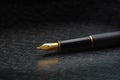 Black luxury gold plated fountain pen on dark leather with  copy space Royalty Free Stock Photo