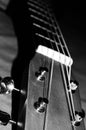 Macro black and white photo of child`s acoustic guitar head Royalty Free Stock Photo