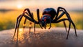 Macro of a black widow spider with sunset in background. Highly detailed and realistic concept design illustration Royalty Free Stock Photo