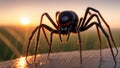 Macro of a black widow spider with sunset in background. Highly detailed and realistic concept design illustration Royalty Free Stock Photo
