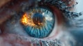 Macro Blue Eye Reflecting Image of Structure on Fire Royalty Free Stock Photo