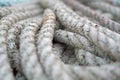 Macro, boat rope and textile with texture, nautical equipment for navigation and rigging with bundle of material. Weave Royalty Free Stock Photo