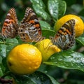 butterfly and bees drinking nectar from a wild pink white flower on tree fruits water drops at blooming branch flowers Royalty Free Stock Photo