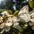butterfly and bees drinking nectar from a wild pink white flower on tree fruits water drops at blooming branch flowers Royalty Free Stock Photo