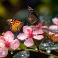 butterfly and bees drinking nectar from a wild pink white flower on tree fruits water drops at blooming branch flowers Royalty Free Stock Photo