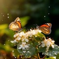 butterfly and bees drinking nectar from a wild pink white flower on tree fruits water drops at blooming branch flowers Royalty Free Stock Photo