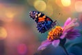 A macro capture of a colorful butterfly resting on a vibrant flower, with a softly blurred background, Generated AI