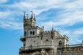 Macro of the castle Swallow`s Nest on a rock at the Black Sea, Crimea with unclouded sky background. Architecture and