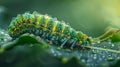 Macro caterpillar on dewy leaf detailed textures and vibrant colors in high resolution photorealism