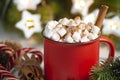 Macro christmas drink in the red cup with marshmallows and cinnamon with anis stars close-up Royalty Free Stock Photo