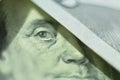 Macro close up of Ben Franklin's face on the US 100 dollar bill. Royalty Free Stock Photo