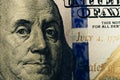 Macro close up of Ben Franklin`s face on the US 100 dollar bill. Dollars Closeup Concept. American Dollars Cash Money Royalty Free Stock Photo