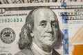 Macro close up of Ben Franklin`s face on the US one hundred dollar bill Royalty Free Stock Photo