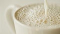 Macro close up of bubbly foam on milk in white cup on table surface for enticing visuals Royalty Free Stock Photo