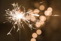 Burning sparkler stands in a glass. Dark background with defocused multi-colored lights of garland.