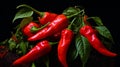 Macro close-up photo of chilli peppers, vibrant colors