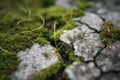 Macro Close-up of Cracked and Chipped Concrete Surface with Moss Growing