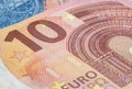 Macro close up on the design surface of 10 euro notes. Banknotes of the European Union. Wallpaper background of money. Detailed Royalty Free Stock Photo