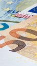 Macro close up on the design surface of 50 euro notes. Banknotes of the European Union. Wallpaper background of money. Detailed Royalty Free Stock Photo