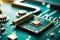 Macro close-up of electronic circuit board with microchip processor Royalty Free Stock Photo