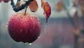 Macro close up of fresh apple with dew drops on tree, wide banner with copy space