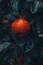 Macro close up of fresh apple with water drops on tree, wide banner with copy space