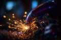 A macro close up of a gas arc welder with sparks of light flying in the air. Generative AI