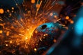 A macro close up of a gas arc welder with sparks of light flying in the air. Generative AI