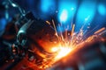 A macro close up of a gas arc welder with sparks of light flying in the air. Generative AI