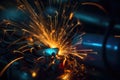 A macro close up of a gas arc welder with sparks of light flying in the air. Generative AI