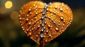 A macro close up illustration of a heart shaped orange leaf with rain dew water drops. Royalty Free Stock Photo