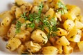 Macro Close-up of Indian vegetarian classic dish Jeera Aloo - Potatoes Flavored with Cumin garnished with green coriander fresh