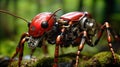 Macro close up of an insectoid micro robotic red ant exploring a forest