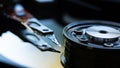 Macro Close up of inside of magnetic Hard Disc Drive Royalty Free Stock Photo