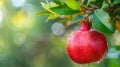 Macro close up of juicy pomegranate on tree with dew drops, ideal wide banner with space for text