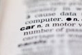 Macro close up of old English dictionary page with word car Royalty Free Stock Photo