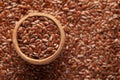 Macro Close-up of Organic Brown flaxseeds Linum usitatissimum or linseed in an earthen clay pot kulhar on the self background