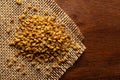 Macro close-up of Organic Fenugreek seed Trigonella foenum-graecum on the wooden top background and jute mat.