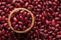 Macro Close up of Organic Rajma, Laal Lobia or red kidney beans dal in an earthen clay pot kulhar on the self background.