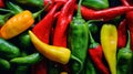 Macro close-up photo of chilli peppers, vibrant colors