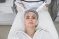 Macro close up portrait of woman having cosmetic galvanic beauty treatment in spa. Royalty Free Stock Photo