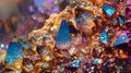 Macro close-up of the radiant crystals, each facet sparkling with a different hue, from deep blues to vibrant reds
